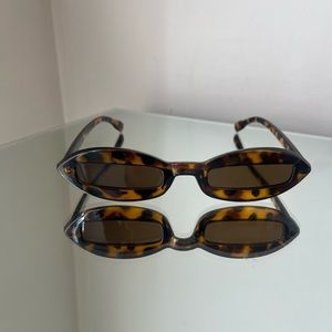 Brown Leopard Print Tortoise Shell Slim Rectangular Minimalist Sunglasses